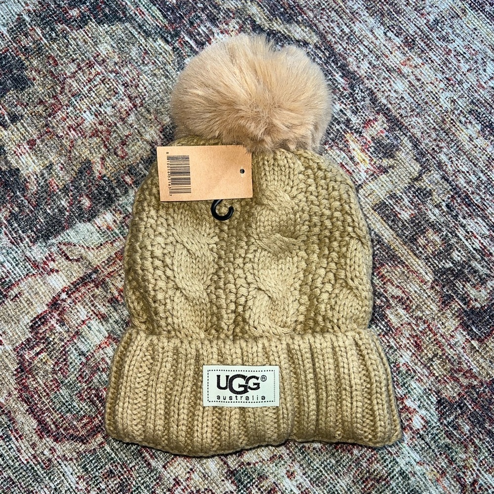 UGG Kids' Beige Cable Knit Beanie with Pom-Pom